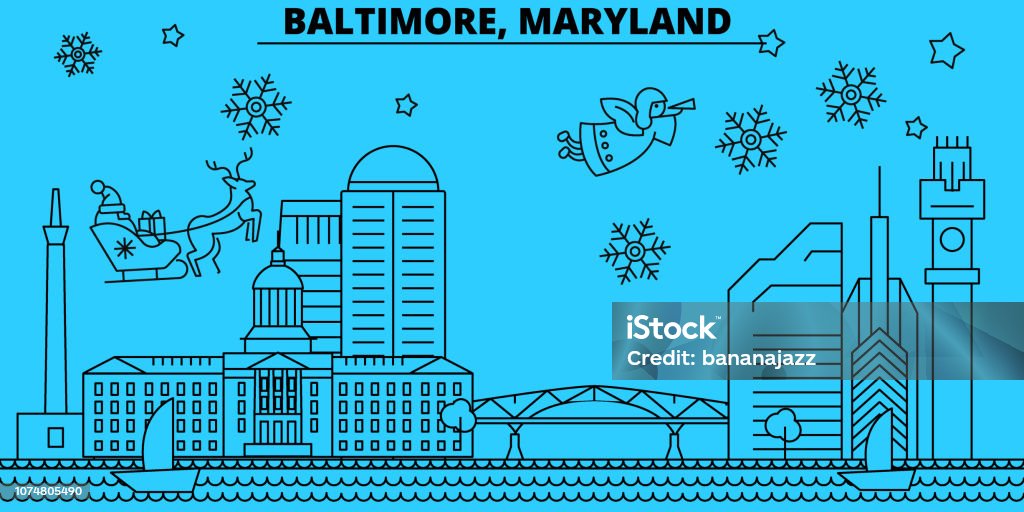 United States, Baltimore winter holidays skyline. Merry Christmas, Happy New Year decorated banner with Santa Claus.United States, Baltimore linear christmas city vector flat illustration United States, Baltimore winter holidays skyline. Merry Christmas, Happy New Year decorated banner with Santa Claus.Flat, outline vector.United States, Baltimore linear christmas city illustration Angel stock vector