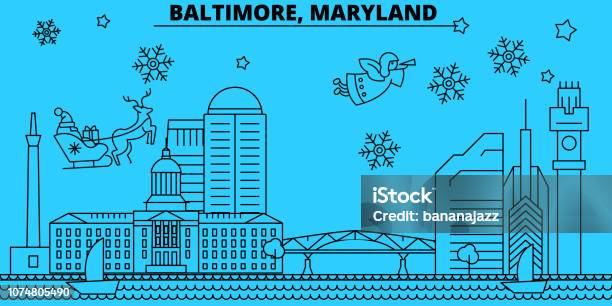 United States Baltimore Winter Holidays Skyline Merry Christmas Happy New Year Decorated Banner With Santa Clausunited States Baltimore Linear Christmas City Vector Flat Illustration Stock Illustration - Download Image Now