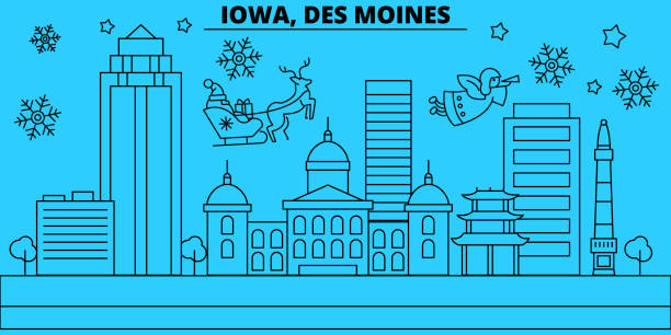 United States, Des Moines winter holidays skyline. Merry Christmas, Happy New Year decorated banner with Santa Claus.United States, Des Moines linear christmas city vector flat illustration United States, Des Moines winter holidays skyline. Merry Christmas, Happy New Year decorated banner with Santa Claus.Flat, outline vector.United States, Des Moines linear christmas city illustration des moines silhouette stock illustrations