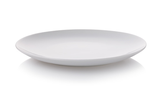 White empty ceramic plate, side view of an isolated object