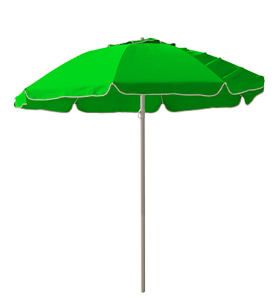 Green beach umbrella isolated on white. Clipping path included.