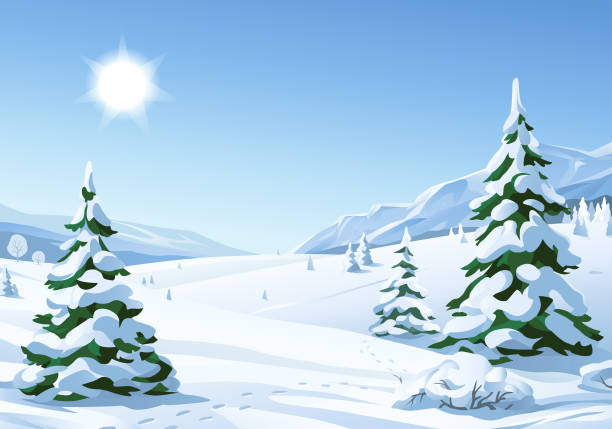 idyllische sonnige winterlandschaft - wintry landscape stock-grafiken, -clipart, -cartoons und -symbole
