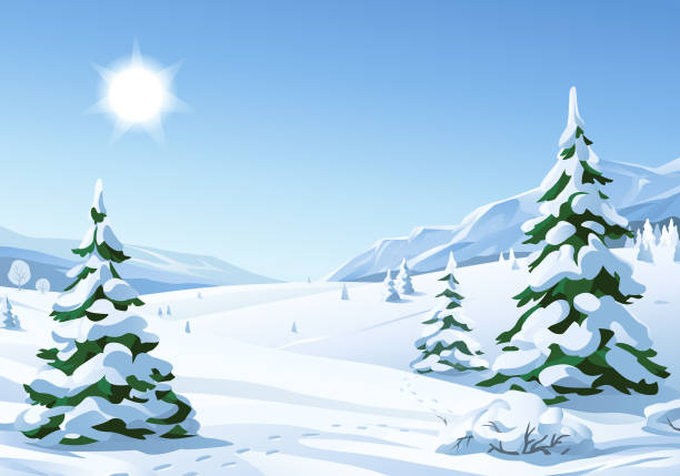 illustrazioni stock, clip art, cartoni animati e icone di tendenza di idilliaco paesaggio invernale soleggiato - sunny day mountain mountain range winter