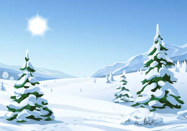 Vector illustration of Idyllic Sunny Winter Landscape