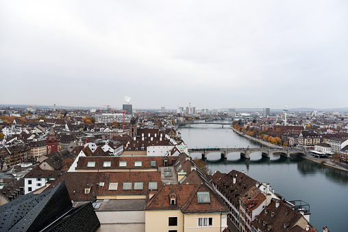 Panoramic view over Basel City with the River Rhine. The Image was captured during autumn season.