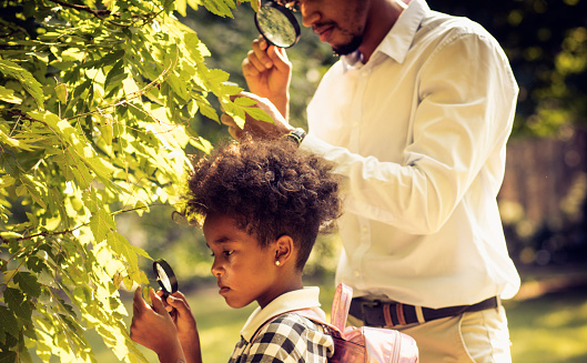 Let's look at the plant world. African American father and daughter researching in nature. Close up.