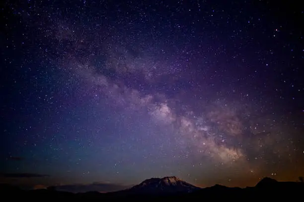 A long exposure shot of the milkyway galaxy and stars over Mt St Helens.