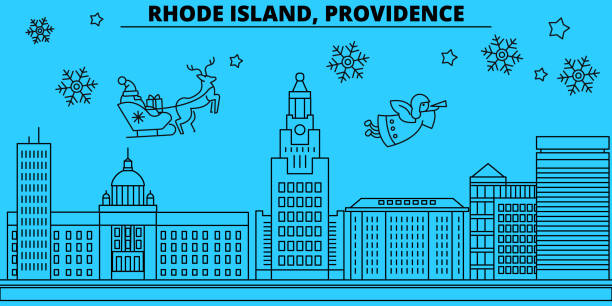 United States, Providence winter holidays skyline. Merry Christmas, Happy New Year decorated banner with Santa Claus.United States, Providence linear christmas city vector flat illustration United States, Providence winter holidays skyline. Merry Christmas, Happy New Year decorated banner with Santa Claus.Flat, outline vector.United States, Providence linear christmas city illustration providence house stock illustrations