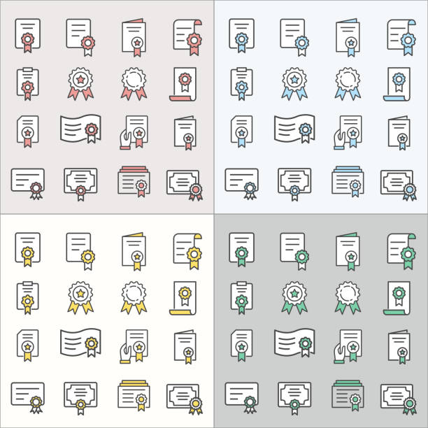 Certificate flat line icons for graphic and web design. Certificate flat line icons. Thin signs for for mobile and web applications. assertiveness stock illustrations