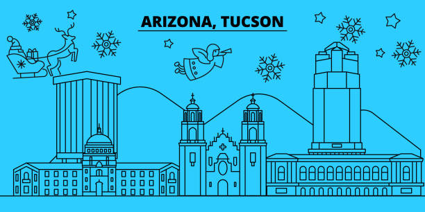 United States, Tucson winter holidays skyline. Merry Christmas, Happy New Year decorated banner with Santa Claus.United States, Tucson linear christmas city vector flat illustration United States, Tucson winter holidays skyline. Merry Christmas, Happy New Year decorated banner with Santa Claus.Flat, outline vector.United States, Tucson linear christmas city illustration tucson christmas stock illustrations