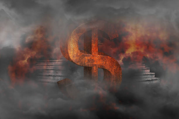 Rust dollar sign burned in a flaming fire with stairs from underground upward