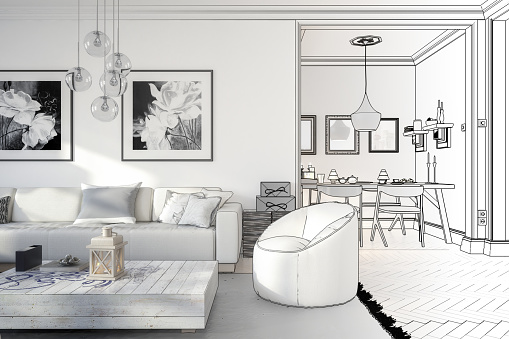 Half Drawing Sketch Modern Living Room Interior with Pen.3D Render
