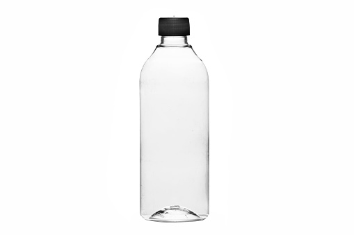 A plastic bottle on a white background