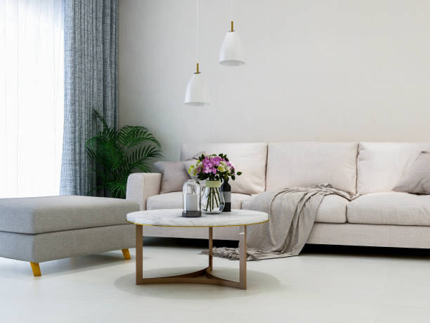 istock Modern clean and simple living room design, couch and coffee table, coffee table and other things, a green plant in the corner 1074837398