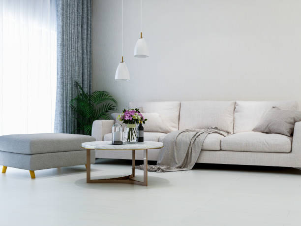 istock Modern clean and simple living room design, couch and coffee table, coffee table and other things, a green plant in the corner 1074837400