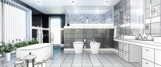Luxury Bathroom in Project (panoramic) - 3d illustration stock photo