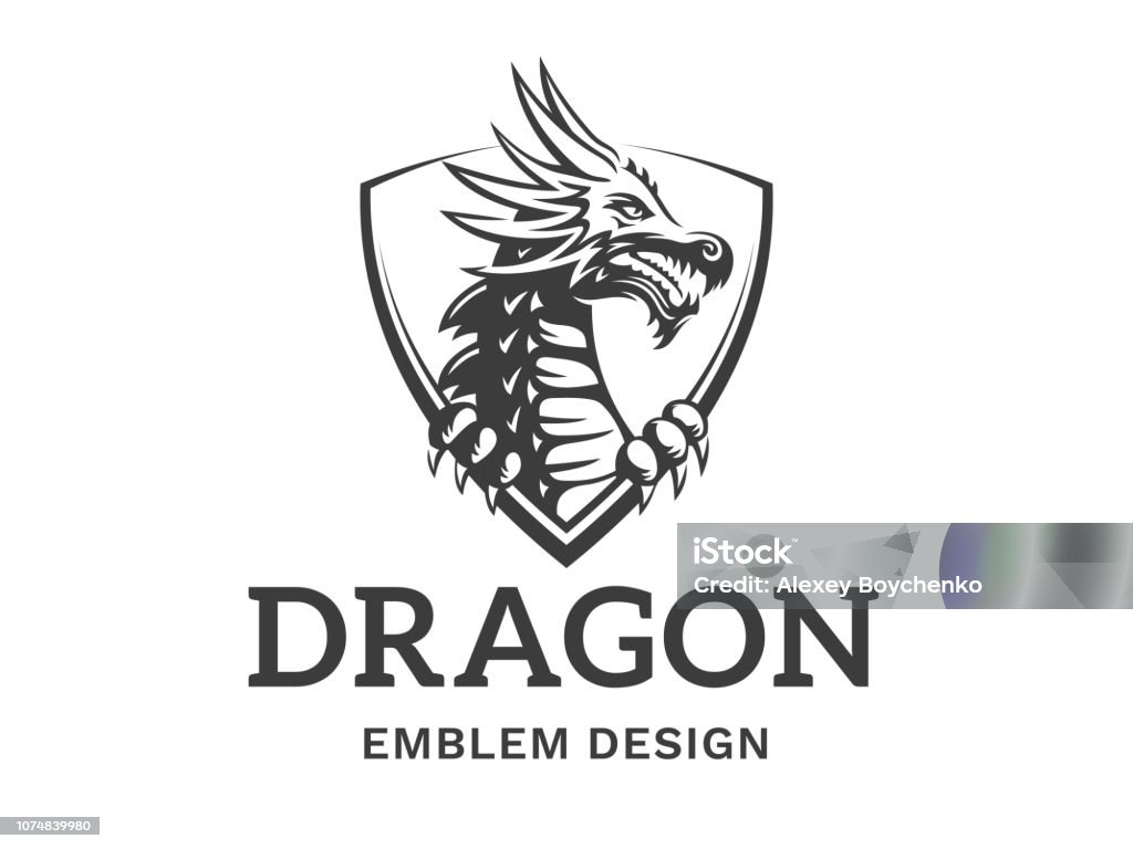 Vector head of a dragon in the form of a shield illustration, print, emblem design on a white background. Animal stock vector