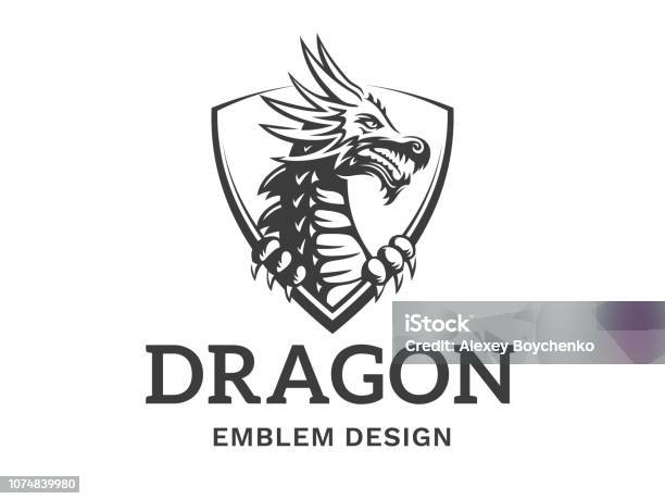 Vector Head Of A Dragon In The Form Of A Shield Illustration Print Emblem Design On A White Background Stock Illustration - Download Image Now