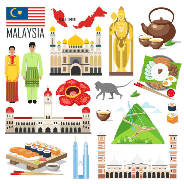 ilustrações, clipart, desenhos animados e ícones de conjunto com a arquitetura, bandeira nacional, traje, mapa, comida e outros símbolos da malásia - indochina soup flag national flag
