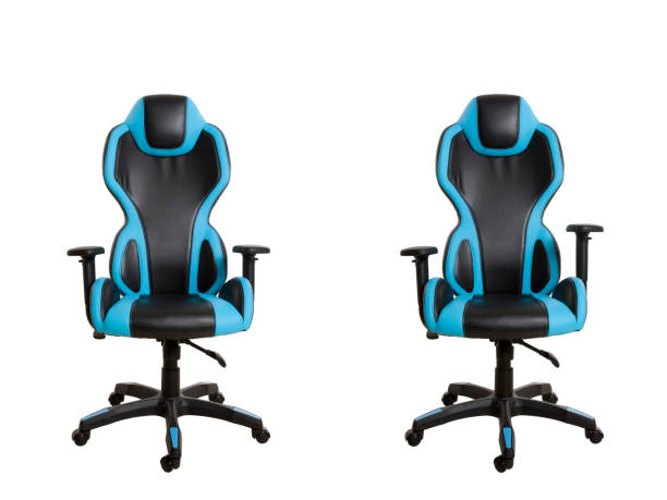istock Front view of a modern office chair, upholstered in a black and light blue leather, isolated on white background. 1074845388