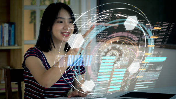 istock Young Asian Teenage girl using on a holographic computer terminal 1074845722