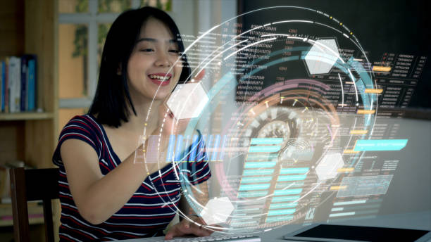 istock Young Asian Teenage girl using on a holographic computer terminal 1074845730