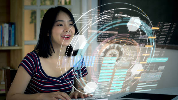 istock Young Asian Teenage girl using on a holographic computer terminal 1074845732