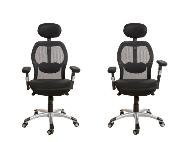 istock Front view of a modern office chair, upholstered in a black textile, isolated on white background. 1074845738