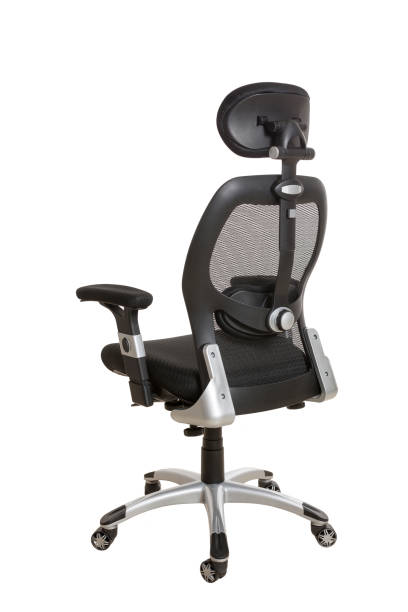 istock Back view of a modern office chair, upholstered with black textile, isolated on white background. 1074845788