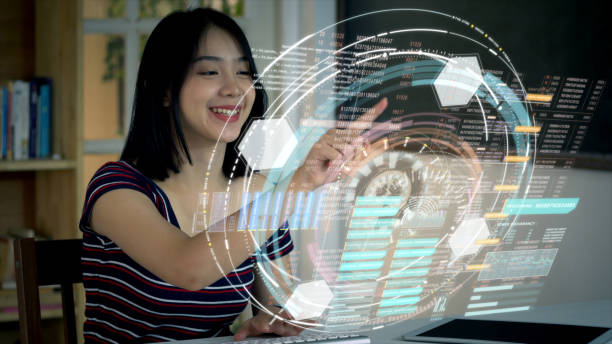 istock Young Asian Teenage girl using on a holographic computer terminal 1074845930