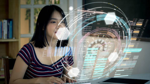 istock Young Asian Teenage girl using on a holographic computer terminal 1074846128