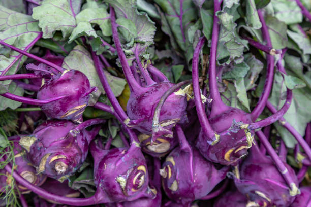 Purple kohlrabi for sale at a farmers market