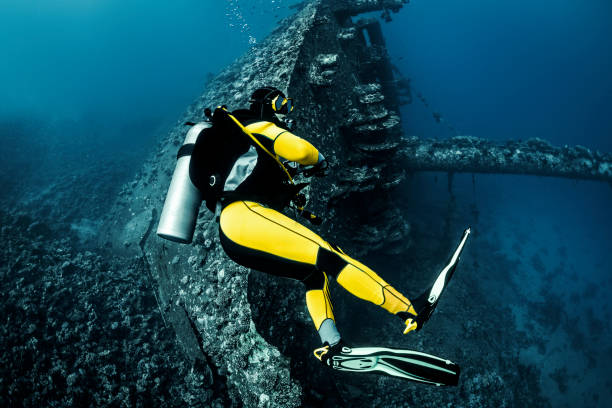 Scuba diver exploring a shipwreck that is completely consumed by corals and seaweed, lying at it's side on the bottom of the Red Sea.