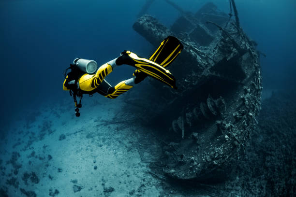 gelbe geeignet taucher erkunden eine überwucherte schiffswrack unter dem roten meer - deep sea diving stock-fotos und bilder