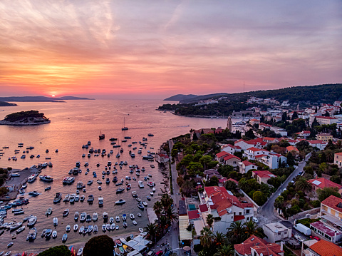 Aerial view of Hvar harbor during sunset in Croacia