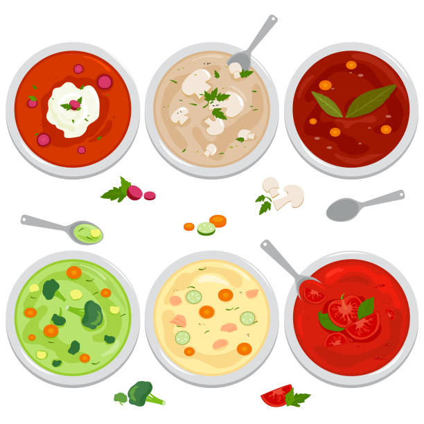 Vector illustration collection of bowls of different types of soup. Top view. Vector set of bowls of soup with vegetables, mushrooms, chicken, Russian borscht soup, tomato and lentil soup on white background. Top view. carrot symbol food broccoli stock illustrations