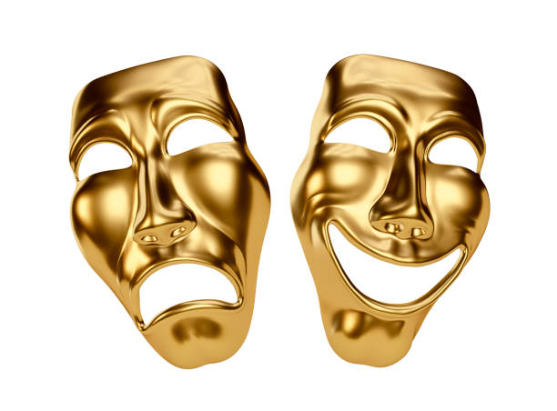 drama de oro y máscaras de comedia aislado en blanco - máscara de teatro fotografías e imágenes de stock