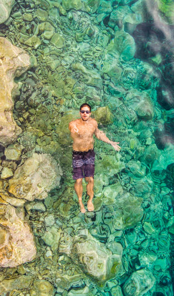 istock Men lying in the water pointing to the camera 1074857020