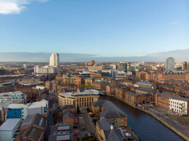 Aerial photo overlooking the Leeds City Center on a beautiful part cloudy day. stock photo