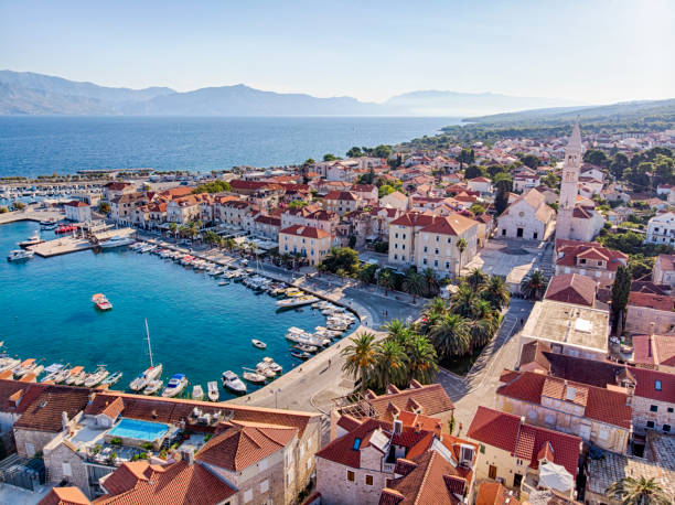 Supetar Old town in Brac Aerial View of Supetar old town and Harbour in Brac Island brac island stock pictures, royalty-free photos & images