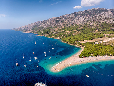 Aerial view of Zlatni Rat Beach in Brac Island, Dalmatian Region