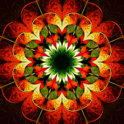 Abstract colorful flower on brown background. Fractal art. Computer generated image.