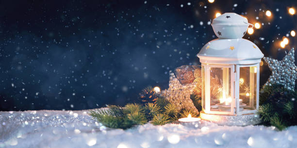 istock Christmas Lantern On Snow With decorations. New Year's card 1074870390