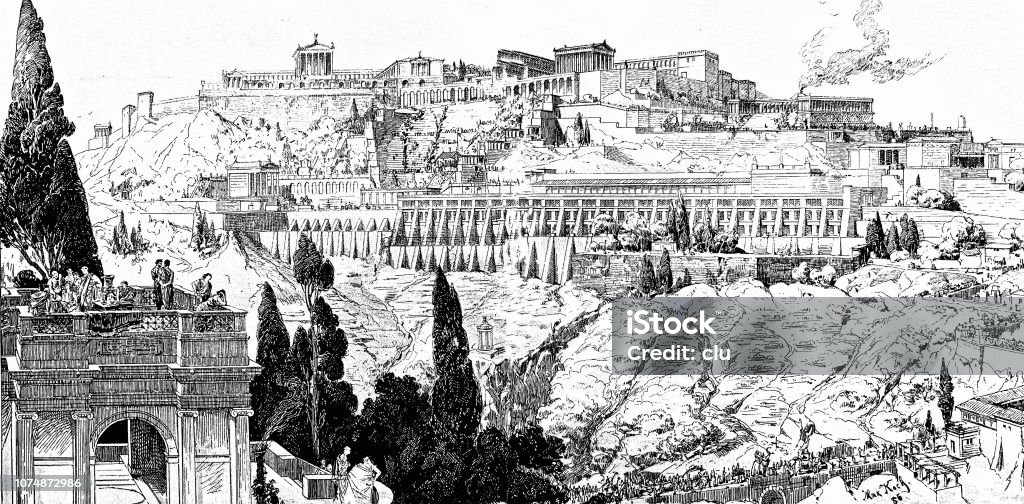 Upper town of Pergamon, from west Illustration from 19th century 19th Century stock illustration