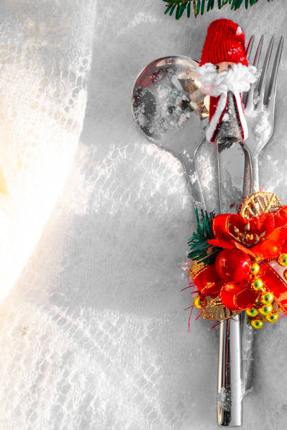 istock Christmas table setting with christmas decorations, Santa toy Top view 1074875040
