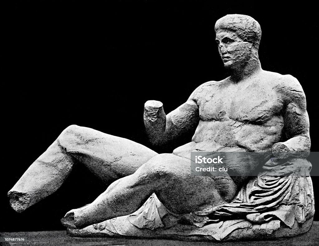 Dionysos or Theseus statue Illustration from 19th century Classical Greek stock illustration