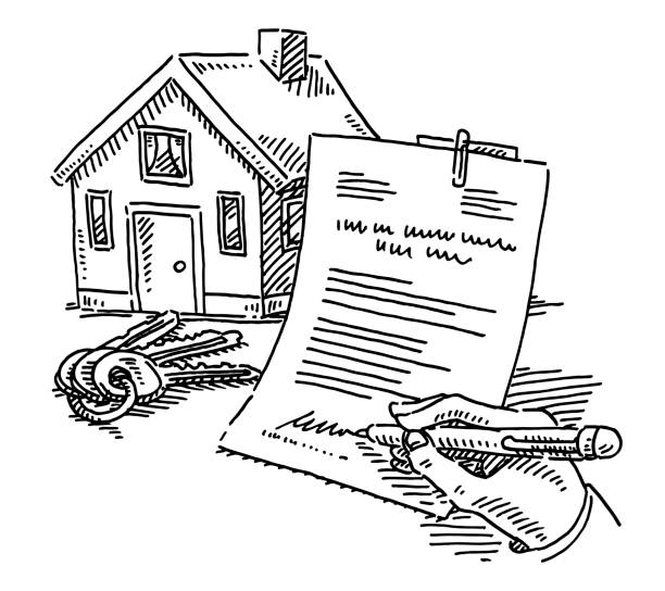 illustrazioni stock, clip art, cartoni animati e icone di tendenza di disegno del contratto di firma delle chiavi di casa - detached house illustrations