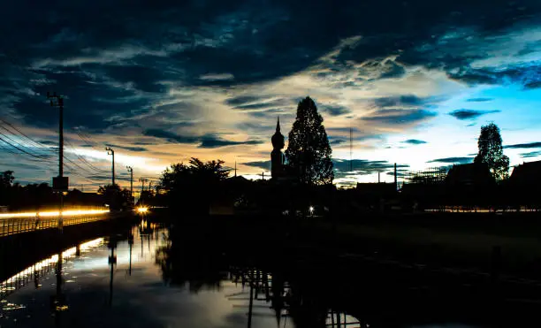 Photo of Sunset behind Wat Lad Pha Dook , Temple in Nonthaburi , Thailand.