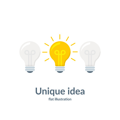 Bright idea concept with light bulb. Unique idea. Vector illustration isolated on white background