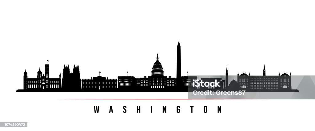 Bannière horizontale du skyline ville Washington. Silhouette de noir et blanc de Washington. Modèle de vecteur pour votre conception. - clipart vectoriel de Washington DC libre de droits